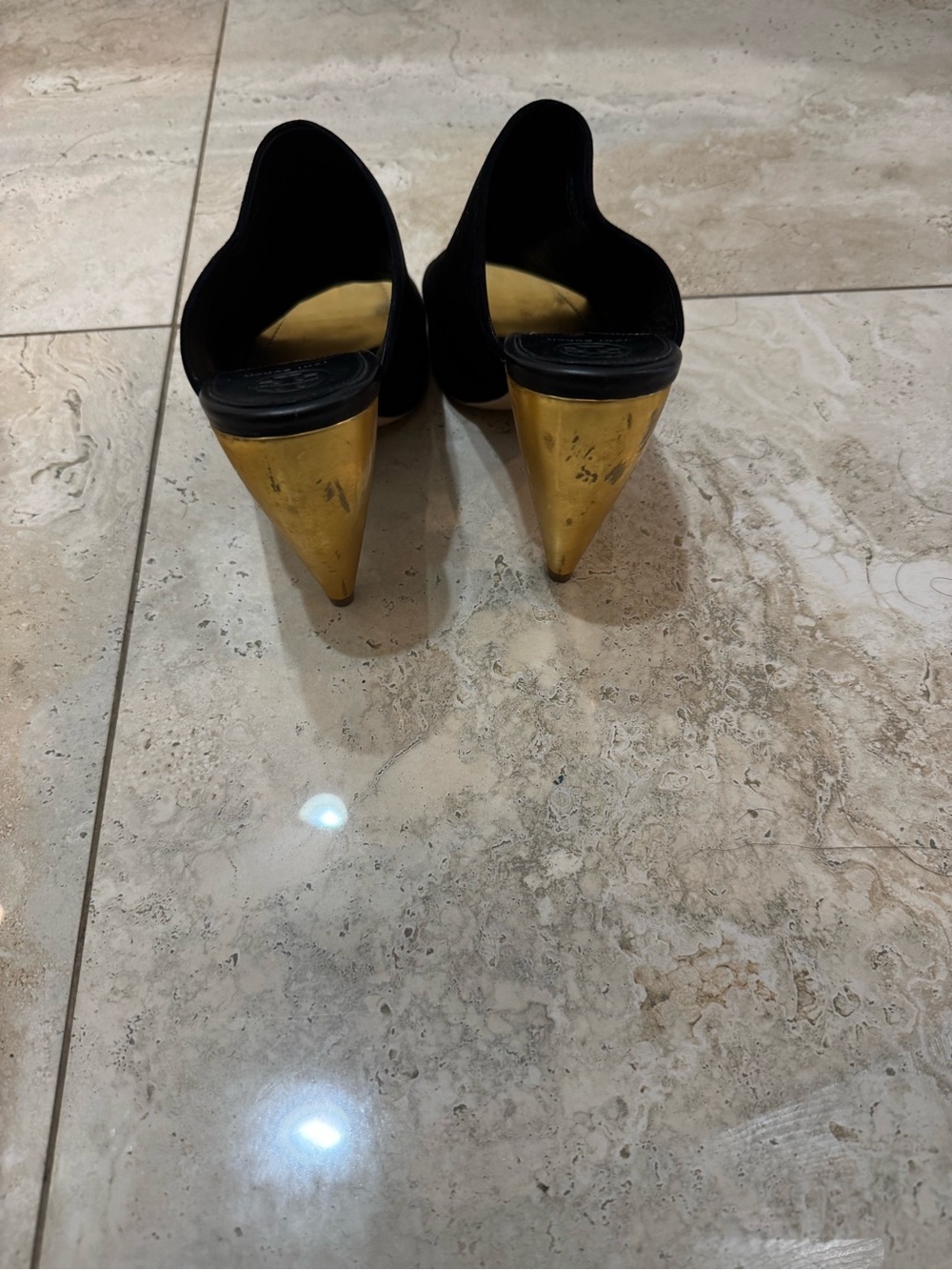 Tory Burch Black Suede Mules with Gold Heel - Picture 3 of 5